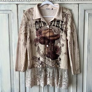 🟠NWT ORIGAMI Cowgirl Long Sleeve Button Up Top with Lace Bottom Tan/Brown S/M